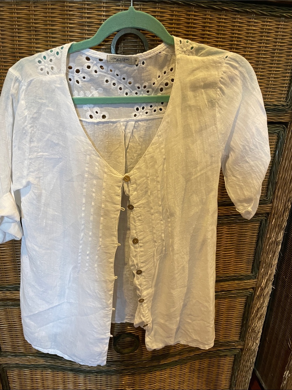 Linen Eyelet-Back Button Front Blouse - White
